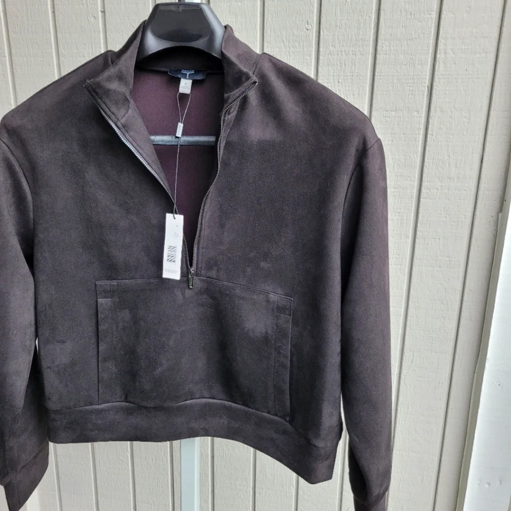 Black Faux Suede Half Zip Pullover Jacket Sweatshirt NEW Front Pocket Tahari - Picture 10 of 11